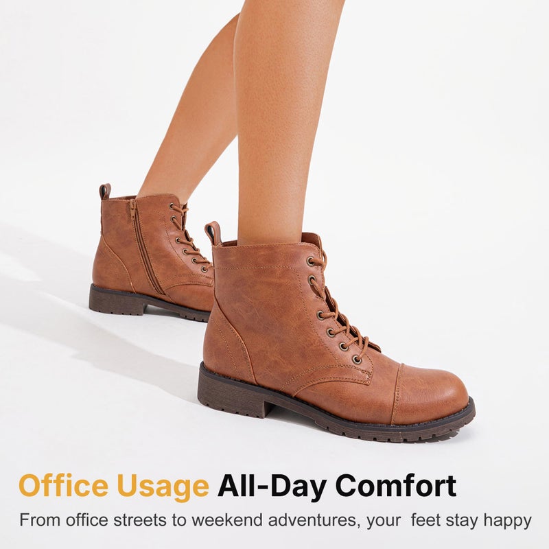 Vepose Women's Brown Ankle Boots Lace up, Flat Fashion Combat Booties Low Heel, 910 - Yellow Brown, Size 10 US (CJY910 Brown 10) - Image 5